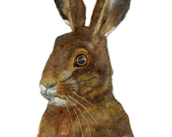 Hare Portriat Original Felted Picture stitched onto mount board, ready to frame