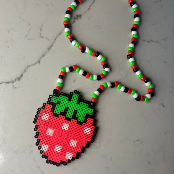 Strawberry Rave Kandi Perler Necklace