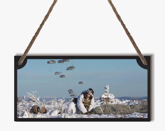 Airborne Soldier Parachute Landing in Alaska | Wood Panel Art