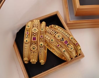 Antique Gold-Plated Brass Chudla Bangle Set with Green & Pink Stones – Traditional 6-Piece Bridal Kada Set