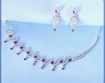 Ruby Red Zirconia Necklace and Earrings Set: Bridal Rhodium Plated Jewelry