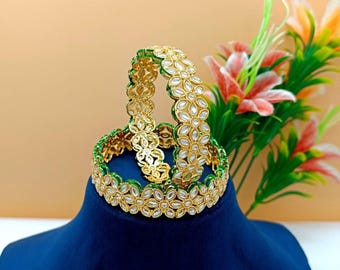 Kundan Pearl Floral Bangles with Green Enamel: Indian Bridal Jewelry