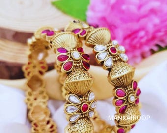 Kundan Ruby Floral Bangles: Gold Plated Indian Wedding Jewelry