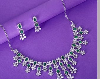 Emerald Green CZ Floral Necklace & Earring Set: Silver Plated Bridal Jewelry