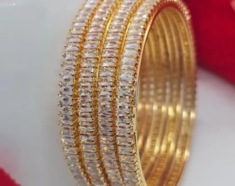 Gold Plated Crystal Bangles Set | Indian Wedding Kada | Sparkling Zircon Bangles for Women | Traditional Ethnic Jewelry