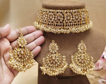 Kundan Bridal Choker Necklace Set, Gold Plated Pearl Earrings