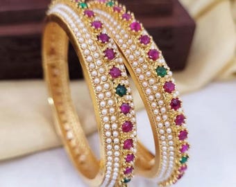 Traditional Gold Plated Pearl Bangle Set with Ruby & Emerald Stones – Indian Wedding Jewelry – South Indian Kada – Bridal Gift