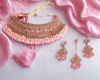 Kundan Choker Necklace Set | Pink Beaded Indian Bridal Jewelry
