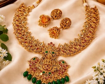 Temple Jewellery Necklace Set, Antique Gold Lakshmi Choker, South Indian Bridal Jewelry