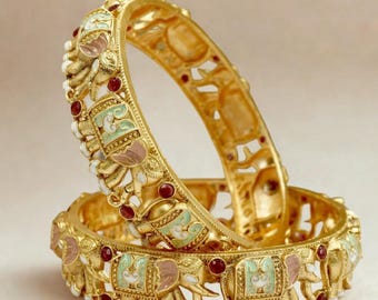 Handcrafted Elephant Design Bangles | Antique Temple Kada | Bridal Gold Finish Jewelry
