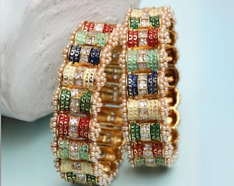 Kundan Pearl Bangles: Multicolor Indian Bridal Kada Jewelry (pack of 2)