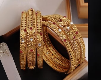 Gold Plated Bridal Bangle Set: Ruby & Pearl South Indian Jewelry