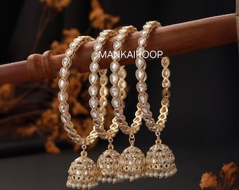 Elegant Kundan Mirror Bangles with Pearl Jhumka - Traditional Indian Bridal Chura Set