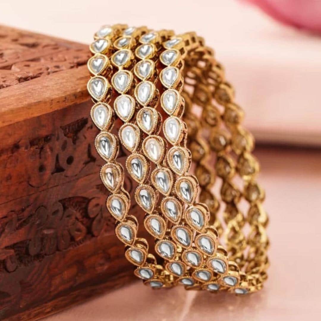 Traditional Kundan Gold Plated Bangles Tear Drop Design Set Of 4