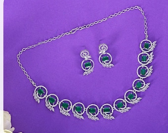 Elegant Silver Plated Green Stone Necklace Set with Matching Earrings-Party Wear Jewelry for Women