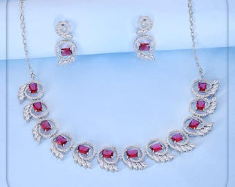 Silver Plated Ruby Red Necklace Earring Set: Cubic Zirconia Party Jewelry