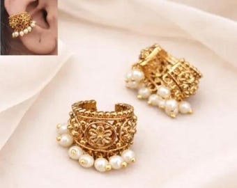 Antique Gold Pearl Ear Cuff | Traditional Indian Bugadi Bali | Non Pierced Wrap