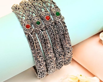 Oxidized Silver Bangle Set: Antique Ethnic Red & Green Stone Design