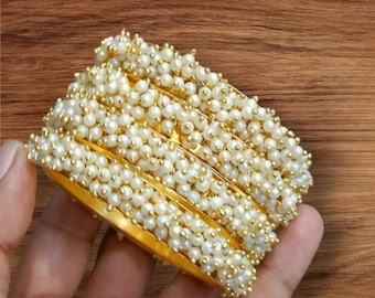 Pearl Beaded Gold Bangles Set, Indian Bridal Bangles, Handmade Ethnic Jewelry, Wedding Jewelry, Festive Gift for Women