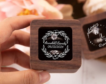 Caja de anillo de madera personalizada, caja de anillo de compromiso personalizada, caja portadora de anillo, caja de anillo doble para ceremonia de boda, caja de anillo de madera cuadrada