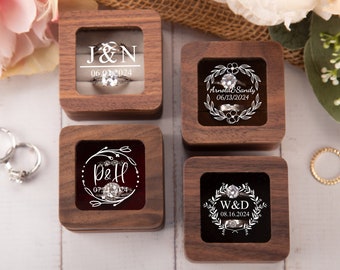 Caja de anillo de madera personalizada, caja de anillo de compromiso personalizada, caja portadora de anillo, caja de anillo doble para ceremonia de boda, caja de anillo de madera cuadrada