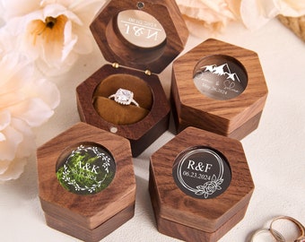 Mini caja de anillo de madera personalizada, caja de anillo de compromiso personalizada, caja portadora de anillo, caja de anillo único para boda, caja de anillo hexagonal, regalo para ella