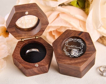 Caja de anillo de compromiso personalizada, caja de anillo de madera personalizada, mini caja portadora de anillo, caja de anillo único para boda, caja de anillo hexagonal, regalo para ella