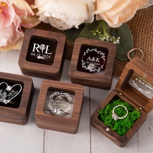 Caja de anillo de compromiso personalizada, caja de anillo de madera personalizada, caja portadora de anillo, caja de anillo doble para ceremonia de boda, caja de anillo de madera cuadrada imagen 4