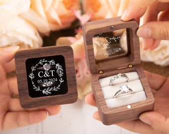 Caja de anillo de compromiso personalizada, caja de anillo de madera personalizada, caja portadora de anillo, caja de anillo doble para ceremonia de boda, caja de anillo de madera cuadrada