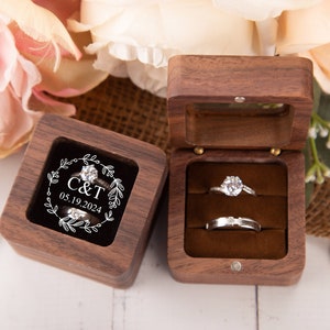 Caja de anillo de compromiso personalizada, caja de anillo de madera personalizada, caja portadora de anillo, caja de anillo doble para ceremonia de boda, caja de anillo de madera cuadrada imagen 9