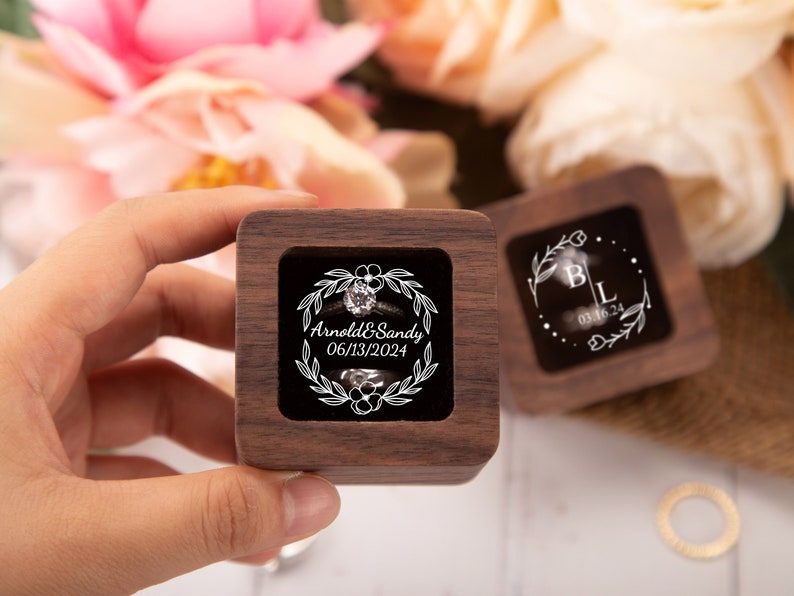 Caja de anillo de compromiso personalizada, caja de anillo de madera personalizada, caja portadora de anillo, caja de anillo doble para ceremonia de boda, caja de anillo de madera cuadrada imagen 3