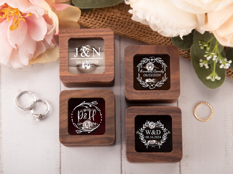 Caja de anillo de compromiso personalizada, caja de anillo de madera personalizada, caja portadora de anillo, caja de anillo doble para ceremonia de boda, caja de anillo de madera cuadrada imagen 5