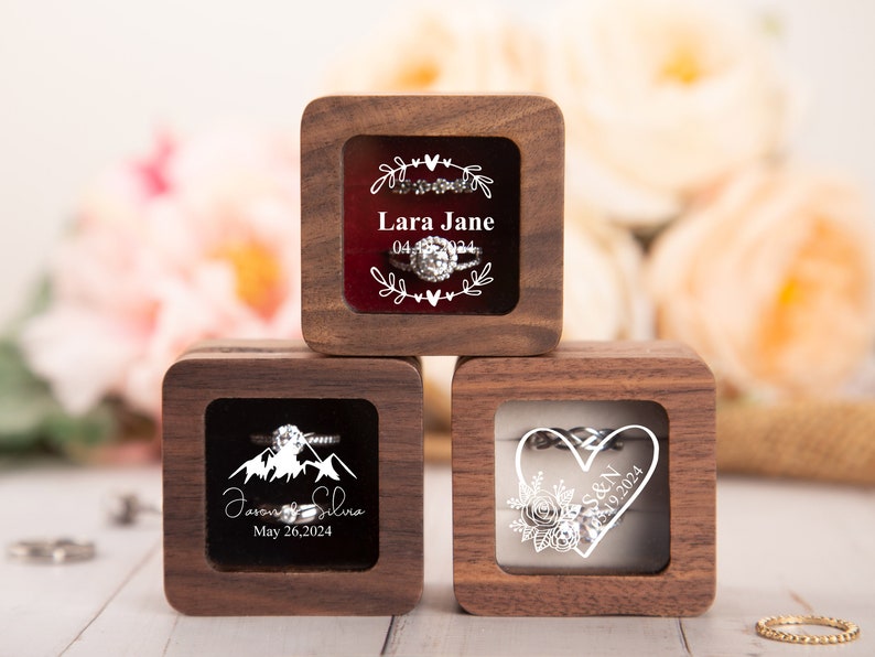 Caja de anillo de compromiso personalizada, caja de anillo de madera personalizada, caja portadora de anillo, caja de anillo doble para ceremonia de boda, caja de anillo de madera cuadrada imagen 8