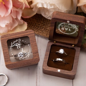 Caja de anillo de compromiso personalizada, caja de anillo de madera personalizada, caja portadora de anillo, caja de anillo doble para ceremonia de boda, caja de anillo de madera cuadrada imagen 10