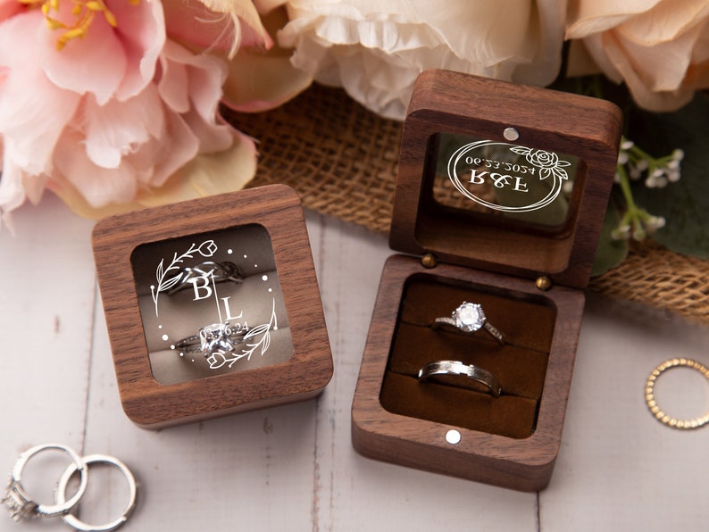 Caja de anillo de compromiso personalizada, caja de anillo de madera personalizada, caja portadora de anillo, caja de anillo doble para ceremonia de boda, caja de anillo de madera cuadrada imagen 10