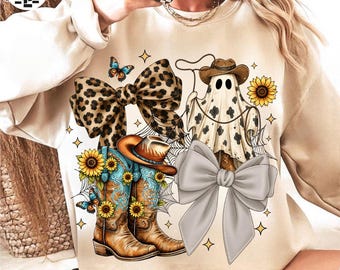 Halloween Cowgirl PNG, Coquette Western Ghost Design, Girly Floral Pumpkin Graphic, Checker Bow Halloween Shirt PNG, Digital File