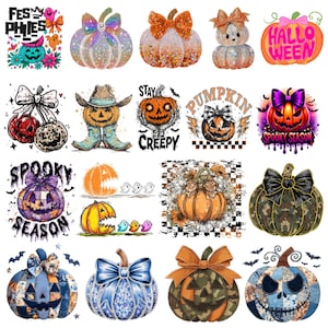 Puede incluir: Una colecci&oacute;n de dise&ntilde;os tem&aacute;ticos de Halloween con calabazas con lazos, texto y varios patrones. Los dise&ntilde;os incluyen elementos brillantes, de camuflaje y florales, con frases como "Spooky Season" y "Stay Creepy".