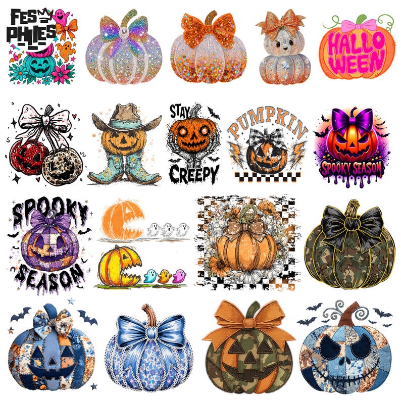Puede incluir: Una colecci&oacute;n de dise&ntilde;os tem&aacute;ticos de Halloween con calabazas con lazos, texto y varios patrones. Los dise&ntilde;os incluyen elementos brillantes, de camuflaje y florales, con frases como "Spooky Season" y "Stay Creepy".