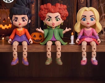Flexi Witch Sisters STL, Halloween Shelf Sitter 3D Print File, Articulated Spooky Witch Decor, Witch Decoration 3MF STL, Digital Download