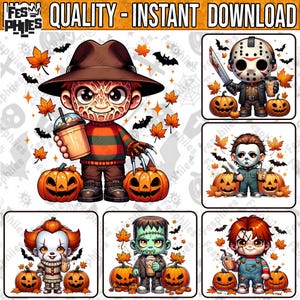 Halloween-horrorkarakter png-bundel, Halloween-tekenfilm superheld png, Trick or Treat-tasontwerp png, pompoenfilm png, herfstmoordenaar png