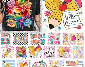15+ Custom Teacher Name PNG Bundle, Teacher Appreciation PNG, Retro Teacher Pencil Bow Design, Back To School Teacher PNG
