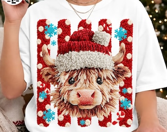 Christmas Highland Cow Latch Hook PNG, Santa Claus Crochet Yarn PNG, Striped Merry Christmas Design, Cozy Winter Animal , Digital Download