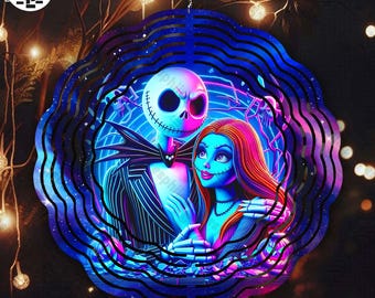 Halloween Nightmare Couple Wind Spinner Png, Halloween Character Neon Wind Spinner Design, Round Hanging Spinners Png, Digital Download