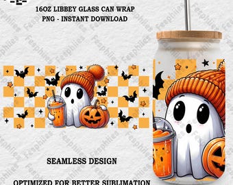 Retro Cute Ghost 16 oz Glass Can Wrap Png, Halloween Checkered Ghost Libbey Glass Can Png, Spooky Vibes Png, Boujee Ghost Png, Digital File