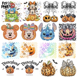 Puede incluir: Una colecci&oacute;n de dise&ntilde;os con tem&aacute;tica de Halloween con calabazas, personajes de dibujos animados y lazos. Los dise&ntilde;os incluyen Mickey y Minnie Mouse, Stitch y calabazas con tem&aacute;tica de superh&eacute;roes. Tambi&eacute;n est&aacute; presente el logotipo de Disneyland.