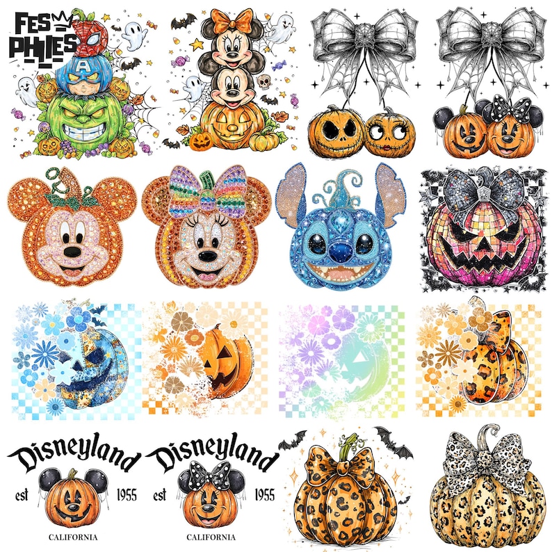 Puede incluir: Una colecci&oacute;n de dise&ntilde;os con tem&aacute;tica de Halloween con calabazas, personajes de dibujos animados y lazos. Los dise&ntilde;os incluyen Mickey y Minnie Mouse, Stitch y calabazas con tem&aacute;tica de superh&eacute;roes. Tambi&eacute;n est&aacute; presente el logotipo de Disneyland.