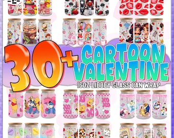30+ Valentine Cartoon Movie DTF Cup Wrap Design, Valentine Cartoon Couple 16 oz Glass Can Design Bundle, Valentine Wrap Png Png,Digital File