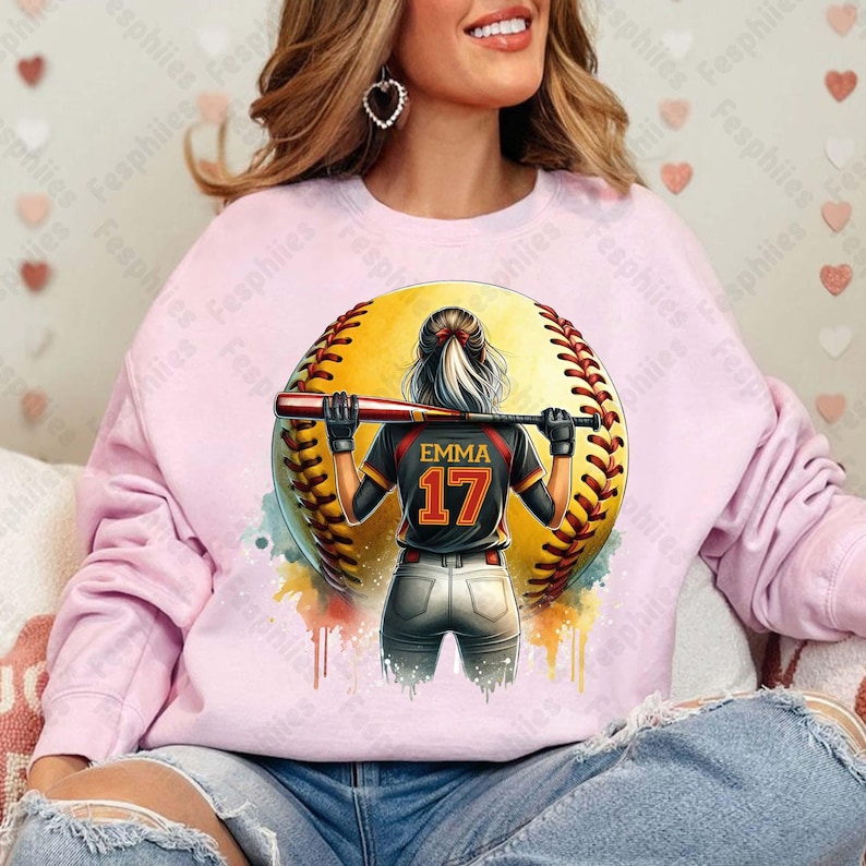 May include: Pink sweatshirt with a watercolor illustration of a softball player holding a bat. The softball is behind the player and has the name "Emma" and the number "17" on it.