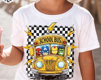 Retro Superhero Back To School Png, Trendy Cartoon School Kids Shirt Design, First Day Cartoon School Boy Png, Heroes School Bus Png