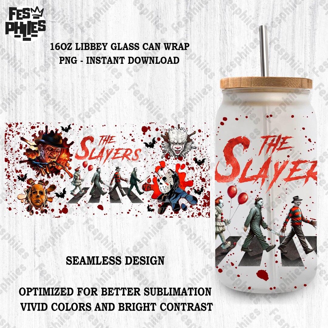 Halloween the Slayer 16 Oz Glass Can Wrap Png, Horror Movie Libbey ...